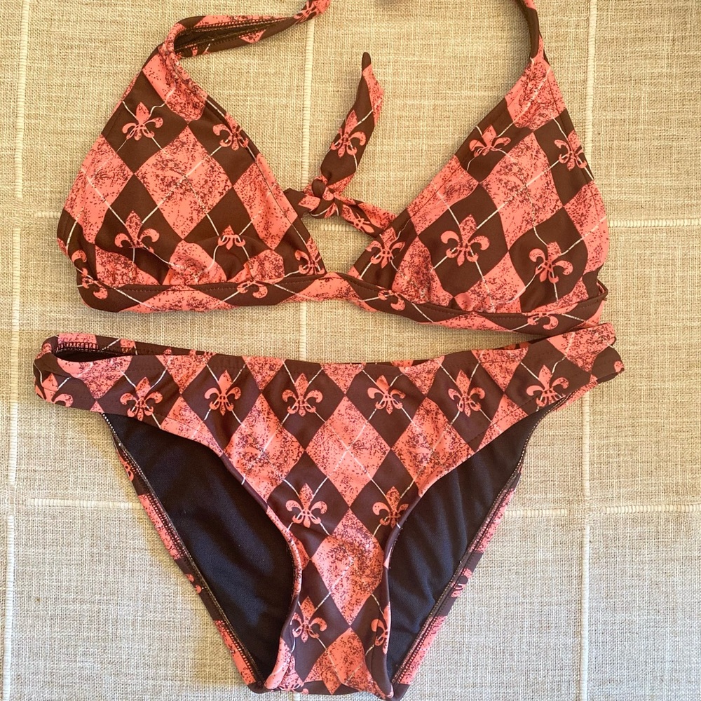 Surfside Fleur-de-lis Coral Halter Bikini Set - Medium